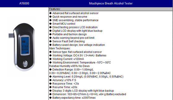 At6000 Breathalyzer Alcohol Tester Thời gian đáp ứng nhanh